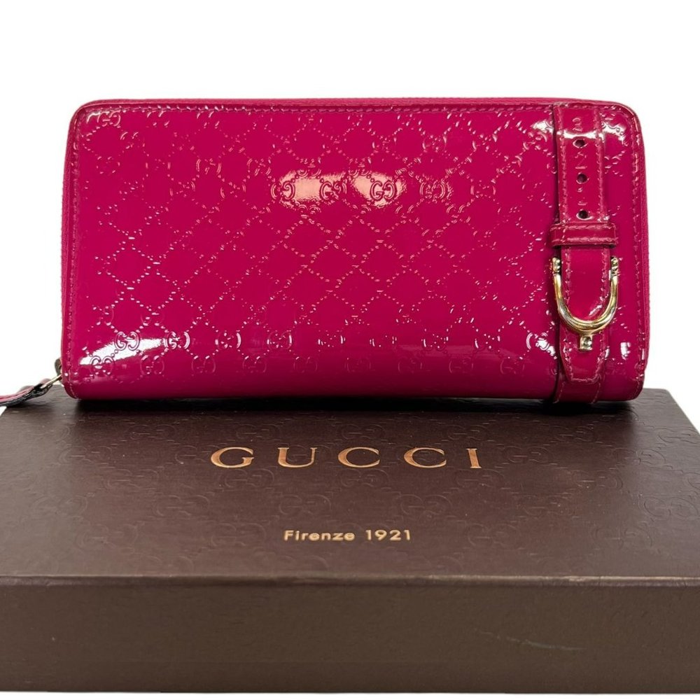 Authentic Gucci Wallet Long Micro Shima GG Logo Zip Around Pink GG Vintage